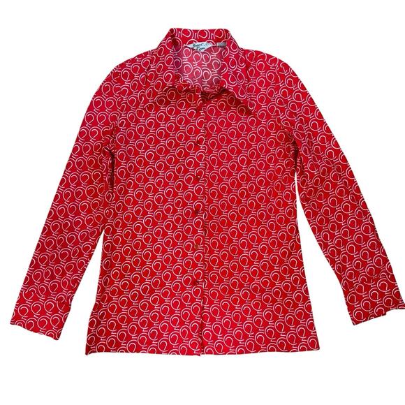 70s Import Corner Red White modernist Geo Print polyester blouse S/M - Picture 1 of 13